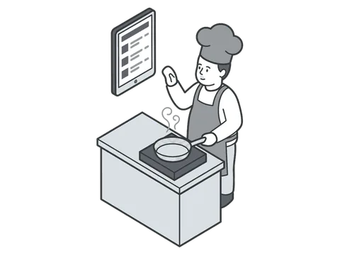 Um cozinheiro no fogão olha o pedido num tablet preso na parede