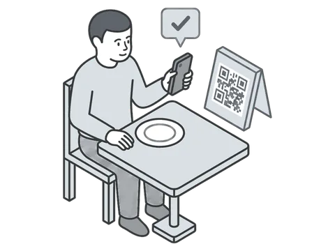 Um cliente à mesa aponta o celular para o QR da mesa e vê o pagamento confirmado