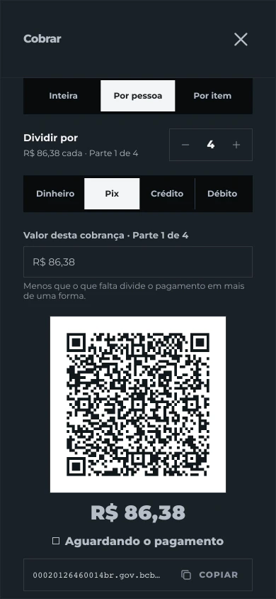 Tela Cobrar: conta dividida por 4 pessoas e o QR do Pix de uma das partes, aguardando o pagamento