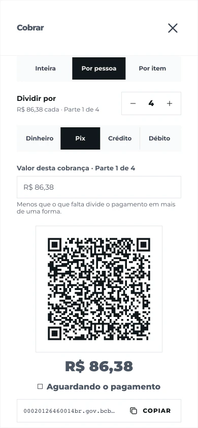Tela Cobrar: conta dividida por 4 pessoas e o QR do Pix de uma das partes, aguardando o pagamento