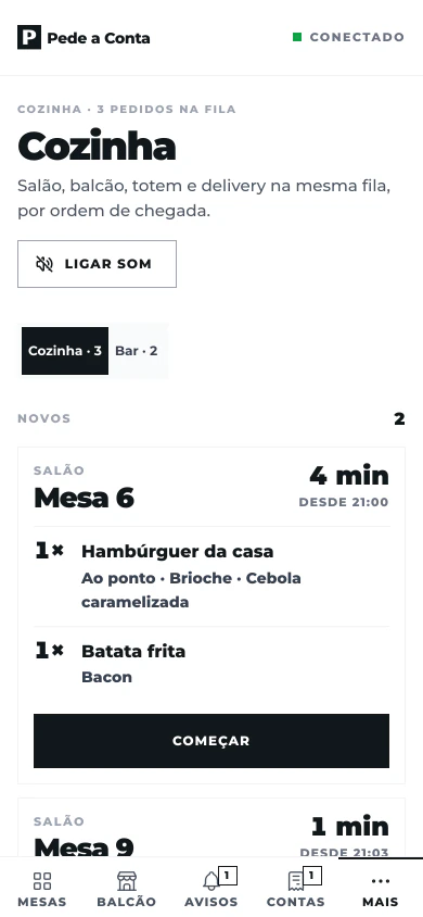 Tela da Cozinha: pedidos novos das mesas com adicionais e o tempo desde o envio