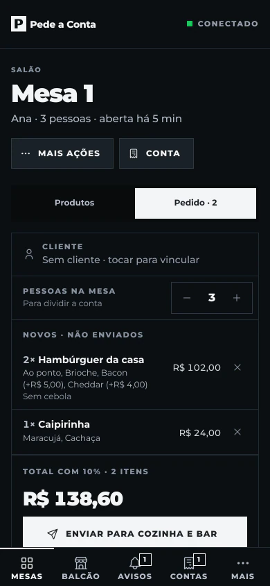 Pedido da Mesa 1: hambúrguer com adicionais e observação, caipirinha, total com 10% e o botão enviar para cozinha e bar