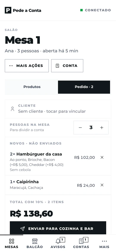 Pedido da Mesa 1: hambúrguer com adicionais e observação, caipirinha, total com 10% e o botão enviar para cozinha e bar
